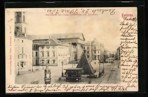 AK Karlsruhe, Marktplatz mit evang. Stadtkirche und Amtshaus