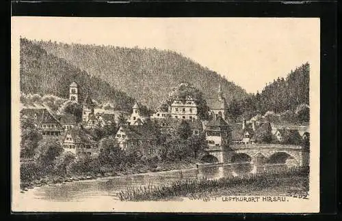 Künstler-AK Hirsau, Ortsansicht mit Brücke
