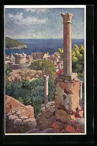 Künstler-AK Dubrovnik, Blick von antiken Ruinen aus auf die Stadt