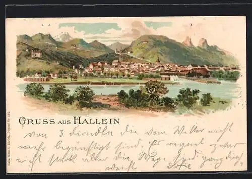 Lithographie Hallein, Panorama mit Wasser