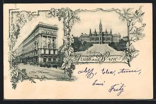 AK Wien, Strassenpartie mit Hotel Kummer & Rathaus