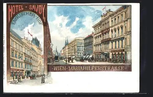 Lithographie Wien, Mariahilferstrasse, Hotel-Savoy Englischer Hof