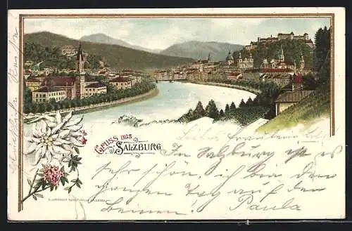 Lithographie Salzburg, Ortsansicht mit Fluss und Edelweiss