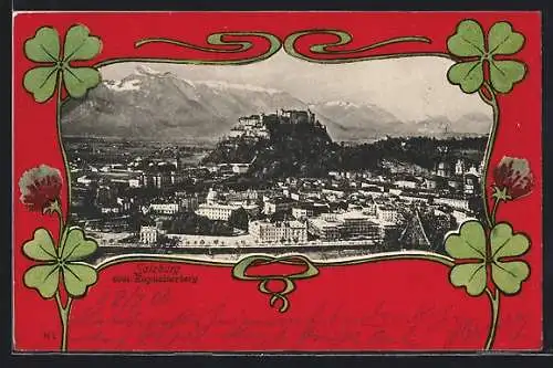AK Salzburg, Teilansicht vom Kapuzinerberg mit Festung, Kleeblätter, Passepartout