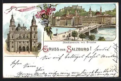 Lithographie Salzburg, Teilansicht mit Brücke, Domkirche