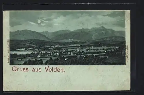 Mondschein-Lithographie Velden, Teilansicht mit Bergen