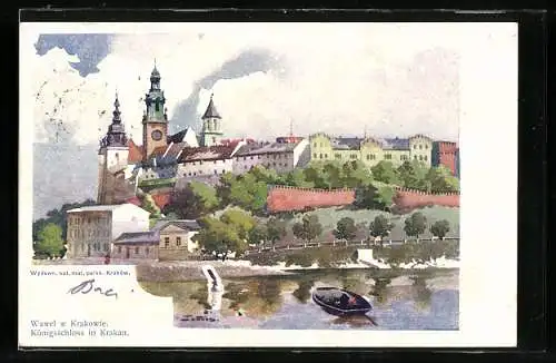 Künstler-AK Krakau, Königsschloss, vom Wasser gesehen