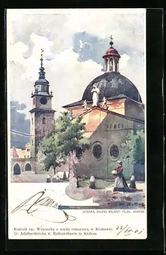 AK Kraków, St. Adalbertkirche und Rathausturm