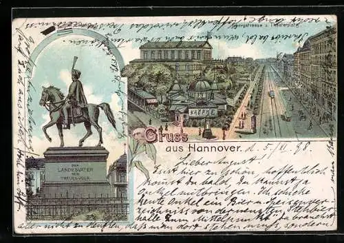 Lithographie Hannover, Georgstrasse und Theaterplatz mit Cafe Kröpke, August-Denkmal