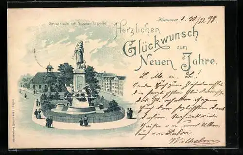 Lithographie Hannover, Goseriede mit Nicolai-Capelle, Neujahrsgruss