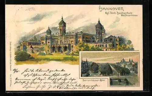 Lithographie Hannover, Königlich-Technische Hochschule, Welfenschloss und Herrenhäuser Allee