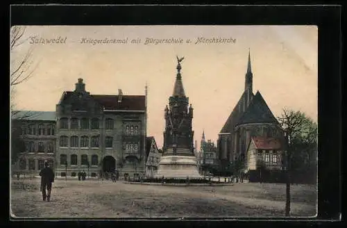 AK Salzwedel, Kriegerdenkmal mit Bürgerschule und Mönchskirche