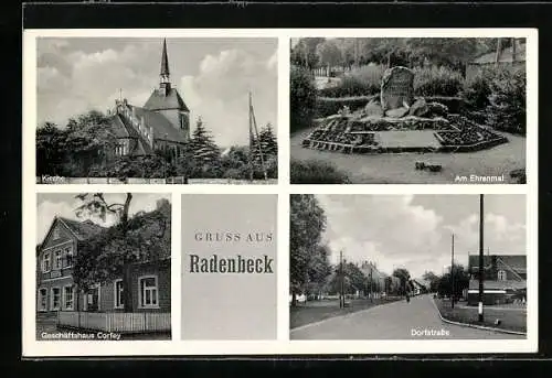 AK Radenbeck / Gifhorn, Geschäftshaus Corfey, Kirche, Am Ehrenmal