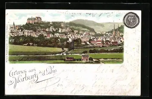 Lithographie Marburg, Stadtansicht mit Burg