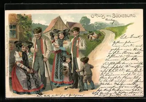 Lithographie Festlich gekleidet in Bückeburg, Tracht Schaumburg-Lippe