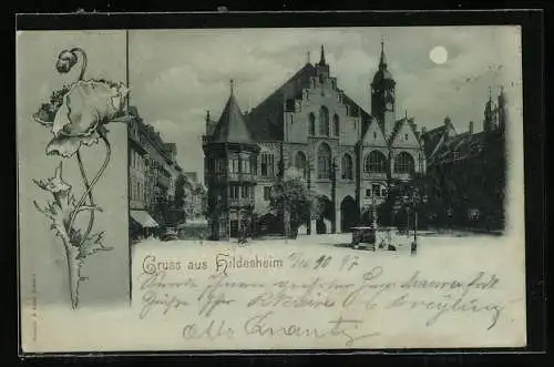 Mondschein-AK Hildesheim, Strassenpartie mit Rathaus und Brunnen