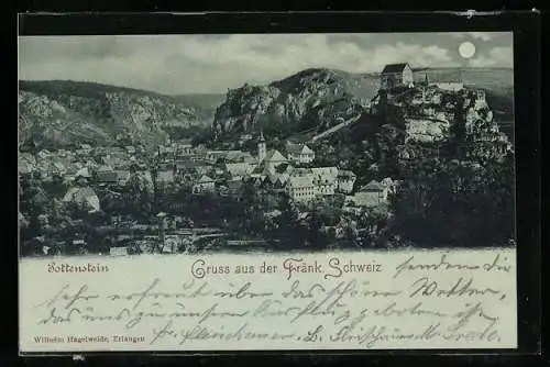 Mondschein-AK Pottenstein /Fränk. Schweiz, Teilansicht mit Kirche