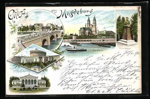 Lithographie Magdeburg, Theater, Herrenkrug, Zollbrücke