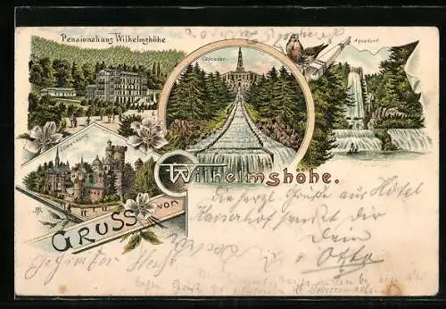 Lithographie Kassel-Wilhelmshöhe, Cascaden, Aquädukt, Löwenburg, Wilhelmshöhe v. d. Allee gesehen