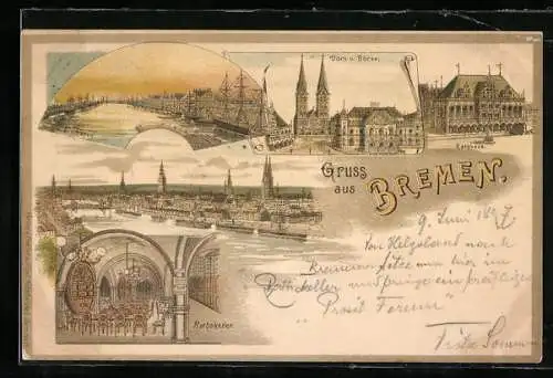 Lithographie Bremen, Gasthaus Rathskeller, Dom u. Börse, Rathaus