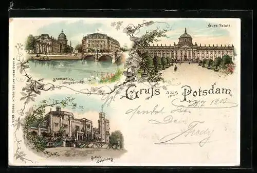 Lithographie Potsdam, Neues Palais, Stadtschloss u. Langebrücke, Schloss Babelsberg