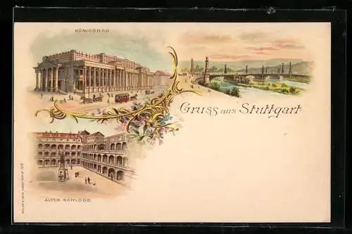 Lithographie Stuttgart, Panorama, Königsbau, Altes Schloss