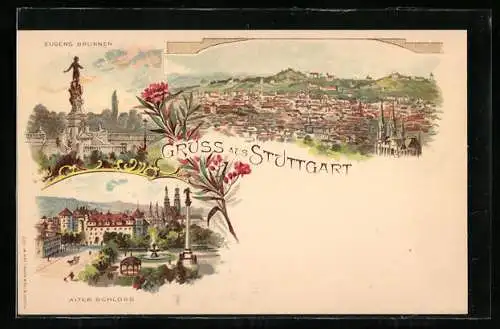Lithographie Stuttgart, Eugens-Brunnen, Ortsansicht, Altes Schloss