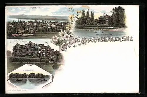 Lithographie Tutzing /Starnbergersee, Gasthof am See, Feldafing Gasthof Strauch, Roseninsel