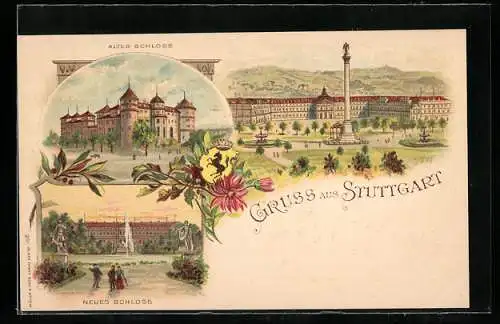 Lithographie Stuttgart, Altes und neues Schloss, Denkmal