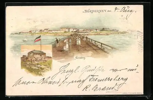 Lithographie Norderney, Hotel, Teilansicht mit Seesteg