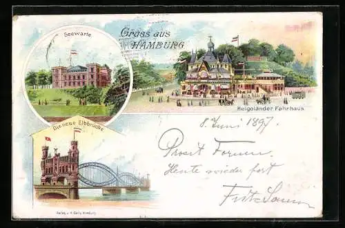 Lithographie Hamburg-St.Pauli, Seewarte, Helgoländer Fährhaus