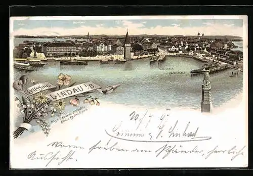 Lithographie Lindau / Bodensee, Panorama mit Hafen