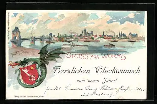 Lithographie Worms, Teilansicht mit Brücke, Wappen, Neujahrsgruss
