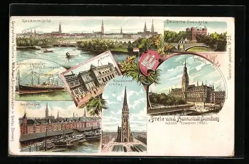 Lithographie Hamburg, Deutsche Seewarte, Börse, Schnelldampfer Fürst Bismarck