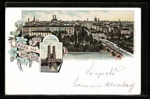 Lithographie München, Frauenkirche, Stadtpanorama