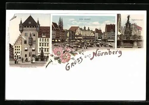 Lithographie Nürnberg, Nassauer-Haus, Der Markt, Tugendbrunnen