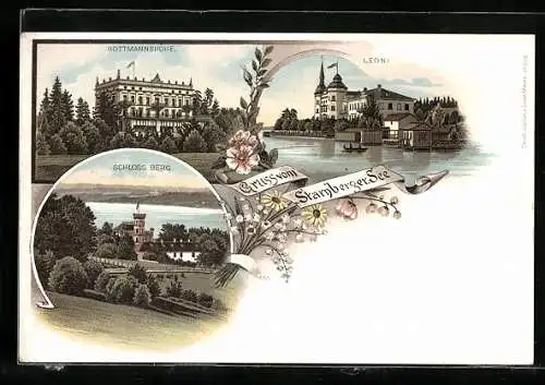 Lithographie Starnberg, Rottmannshöhe, Leoni, Schloss Berg