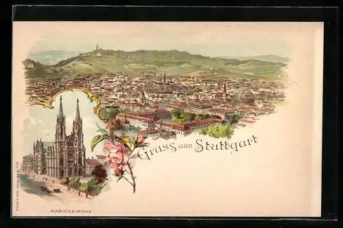 Lithographie Stuttgart, Totalansicht mit Marienkirche