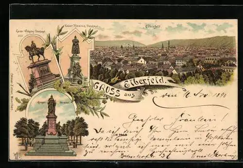 Lithographie Elberfeld, Krieger-Denkmal, Kaiser Friedrich-Denkmal, Kaiser Wilhelm-Denkmal
