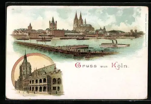 Lithographie Köln, Rathaus und Altstadtpartie mit Schiffbrücke