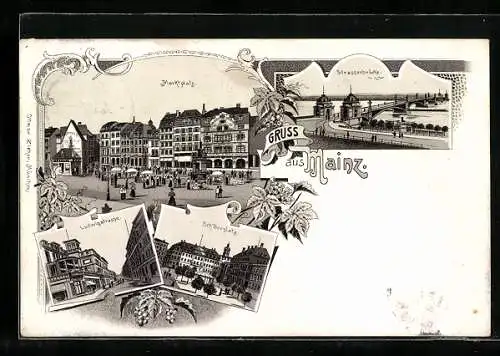 Lithographie Mainz, Ludwigstrasse, Strassenbrücke, Marktplatz
