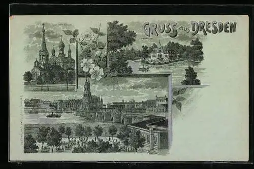 Mondschein-Lithographie Dresden, Teilansicht von Stadt Wien gesehen, Russische Kirche, Carolasee