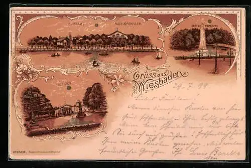 Lithographie Wiesbaden, Kursaal und Musikpavillon, Grosse Fontaine, Kurhaus