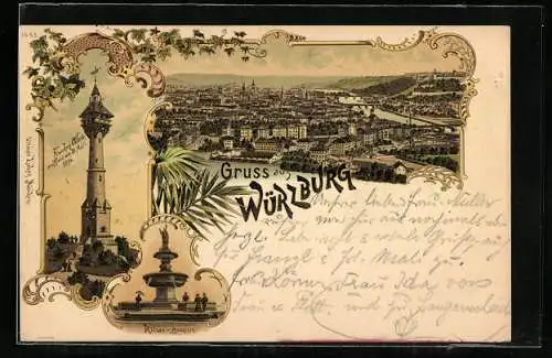 Lithographie Würzburg, Teilansicht, Franken-Warte eröffnet 1894, Kilian-Brunnen