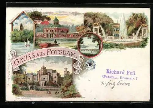 Lithographie Potsdam, Jagdschloss Glienicke, Schloss Babelsberg, Flatow-Turm und Marmor Palais