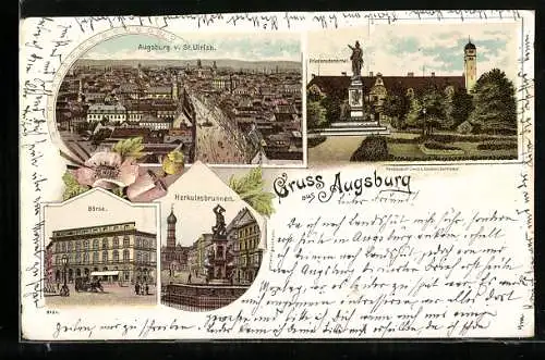 Lithographie Augsburg, Börse, Herkulesbrunnen, Friedensdenkmal