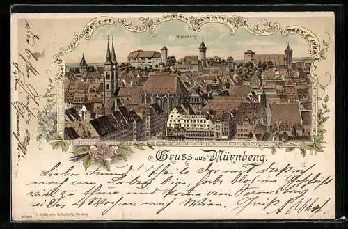 Lithographie Nürnberg, Blick auf den Dom und die Burg