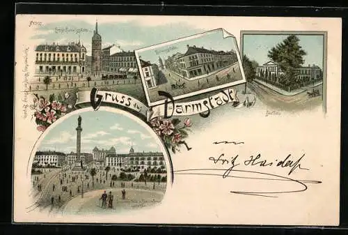 Lithographie Darmstadt, Saalbau, Ernst-Ludwigsplatz, Louisenplatz vom Ständehaus gesehen