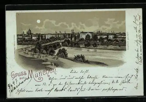 Mondschein-Lithographie München, Teilansicht mit Brücke