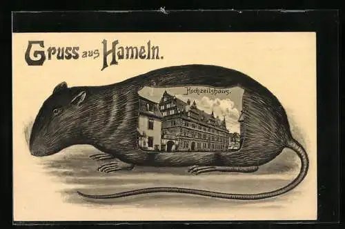 Passepartout-AK Hameln, Blick auf Hochzeitshaus und Ratte